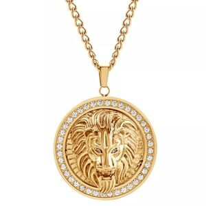 Blackjack Mens SS Cubic Zirconia Lion Head Framed Disc 30" Pendant Necklace NWT